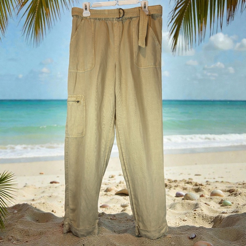 Nicole Miller Linen Lyocell Utility Pants Women's L Belted Pull On Coastal Tan